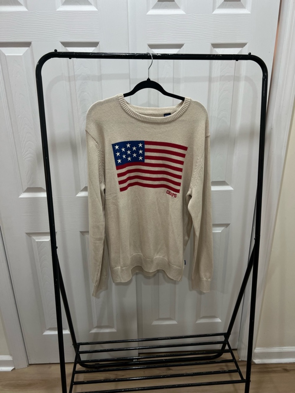 Chaps Cream Sweater with Red & Blue Flag Motif